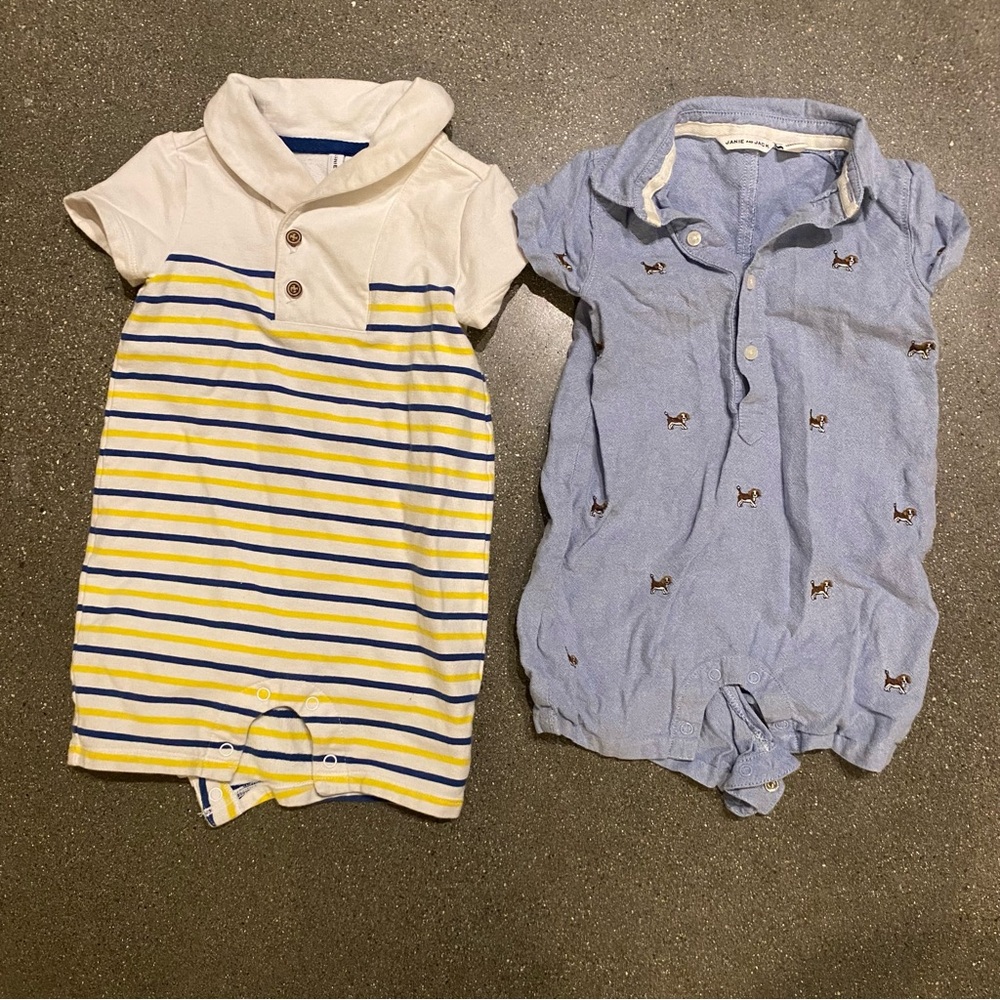 Janie & Jack boys 6-12 months Romper bundle stripes nautical dog chambray
